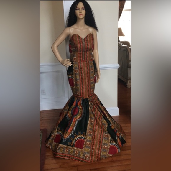 Green African Print Ankara Handmade Dashiki Bustier Mermaid Multicolor Dress - Picture 2 of 2